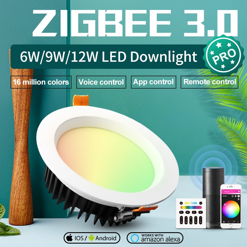 GLEDOPTO ZigBee 3.0 Smart RGBCCT Ceiling Downlight Pro 6W/9W/12W Work With Amazon Echo Plus SmartThings App/Voice/Remote Control